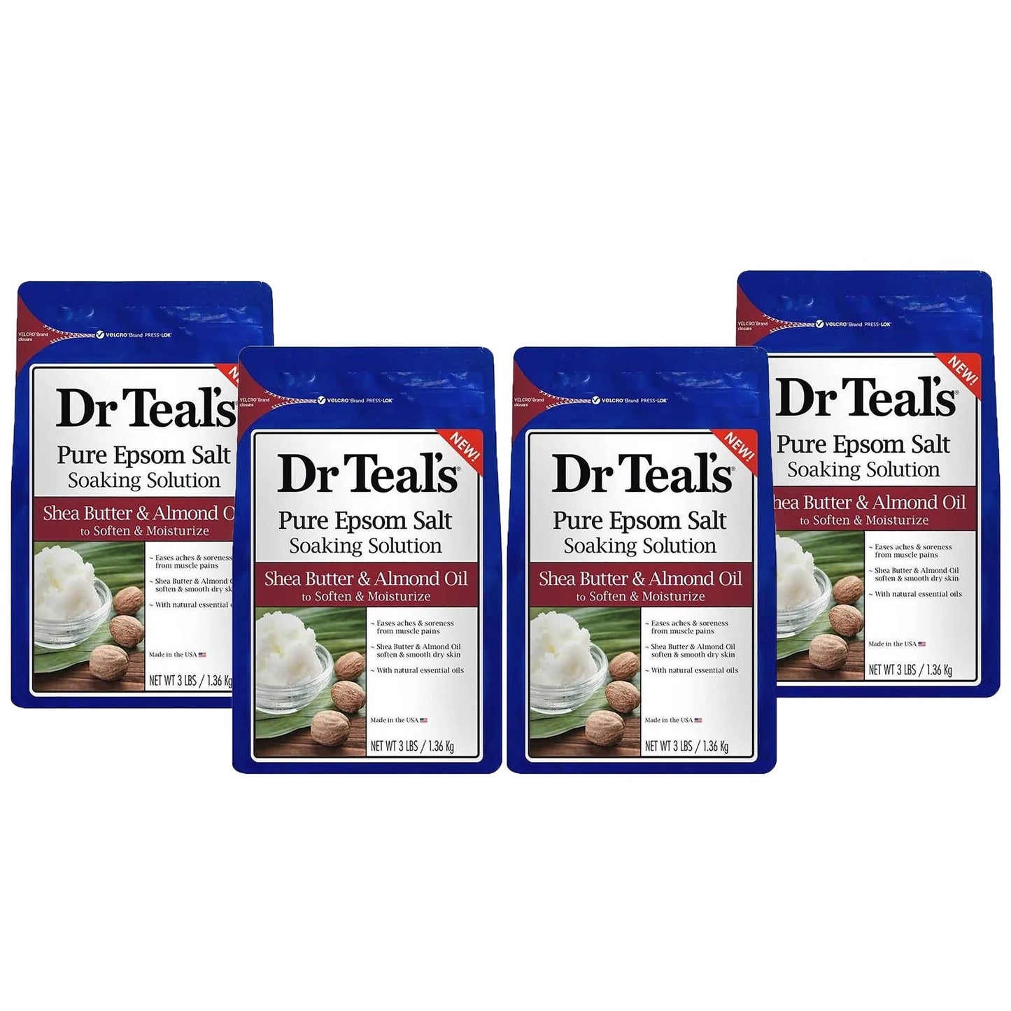 Dr. Teal's Shea Butter & Almond Oil Bath Soak Gift Set (4 Pack, 3lbs Ea.) - Soften and Moisturize Formula Blended with Pure Epsom Salt & Almond Oil - Treat Your Skin, Relieve Stress and Sore Muscles
