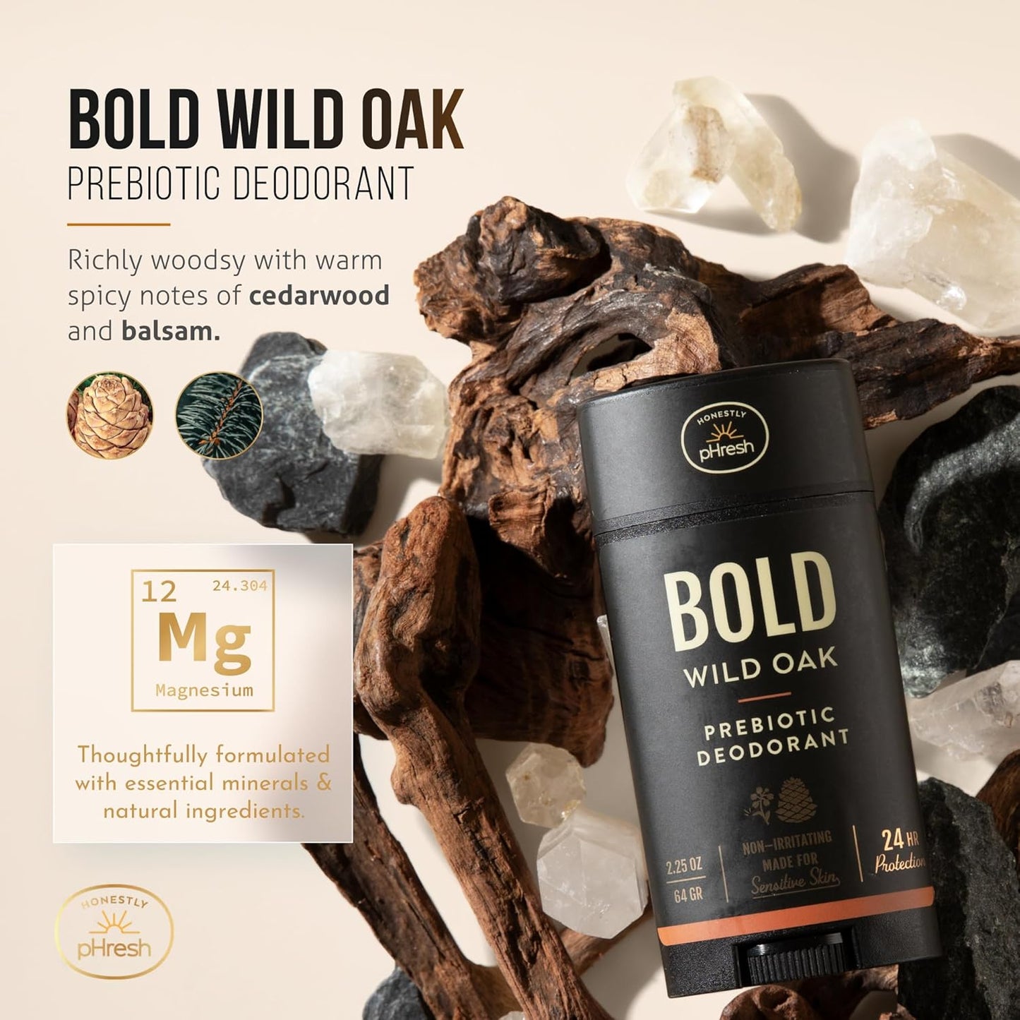 Prebiotic Natural Deodorant for Men - Aluminum & Baking Soda Free | 24-Hour Odor Protection, Bold Wild Oak Scent, 2.5 oz