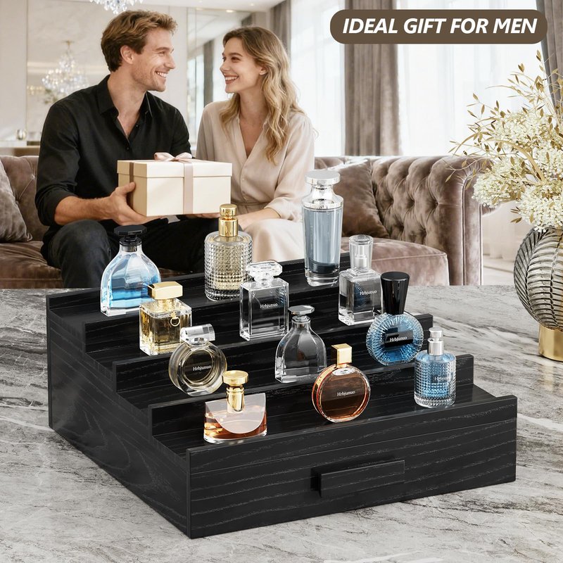 Hrbjunuo Solid Walnut Cologne Organizer for Men, 4 Tier Cologne Stand, Wooden Cologne Holder Display Shelf with Drawer Storage and Hidden Compartment, Black Perfume Stand Organizer, Gifts for Men