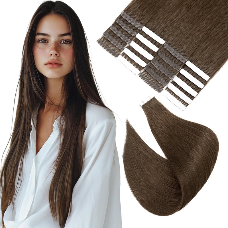 Real Remy Hair Tape-In Extensions - Thick Dark Brown 14 Inch | 20pcs Seamless Skin Weft
