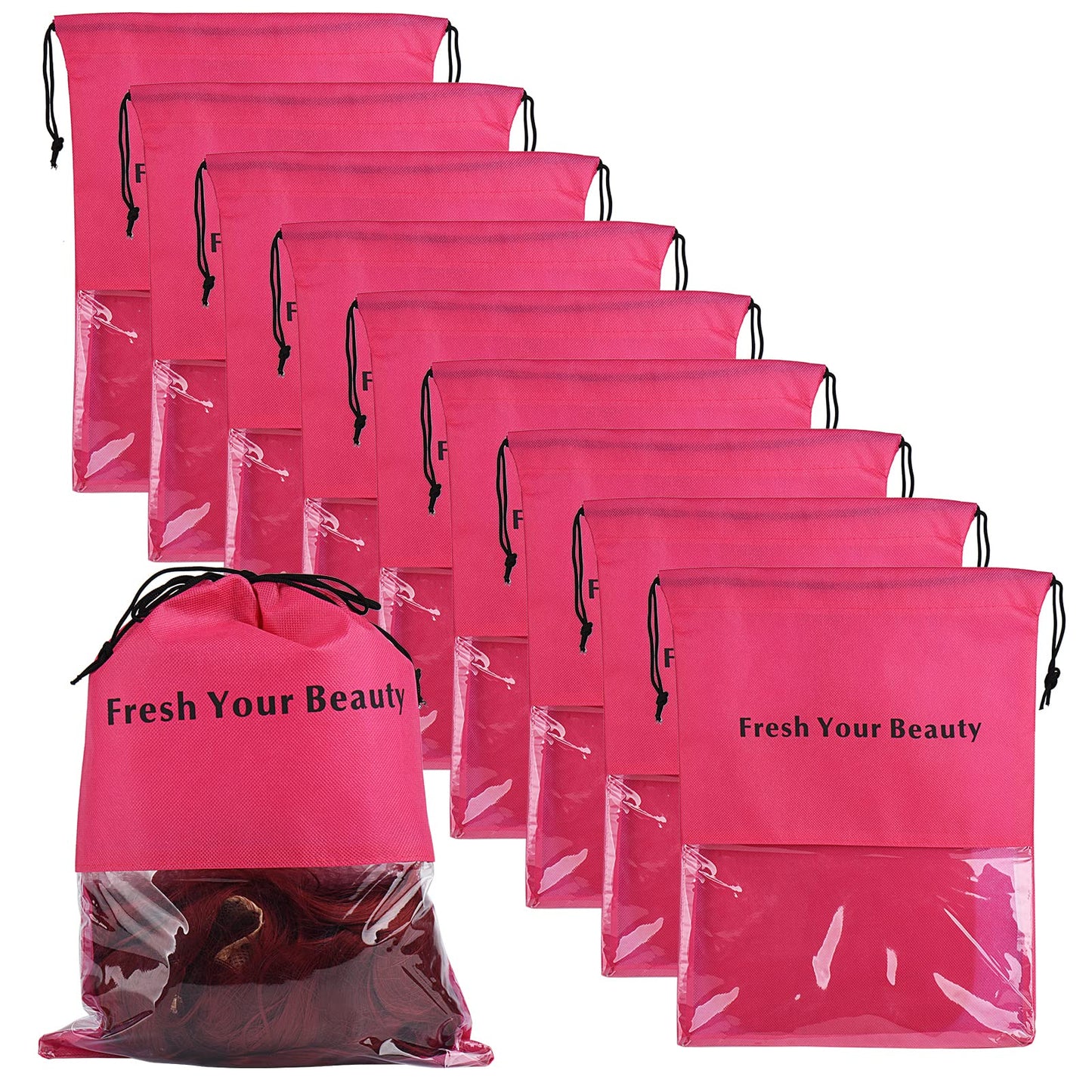 10 Packs Wig Storage Bags with Drawstring Hair Extensions Holder Hairpieces Carrier Organizer Dustproof Protector Pouch for Travel Daily Use (Large,Rose red)