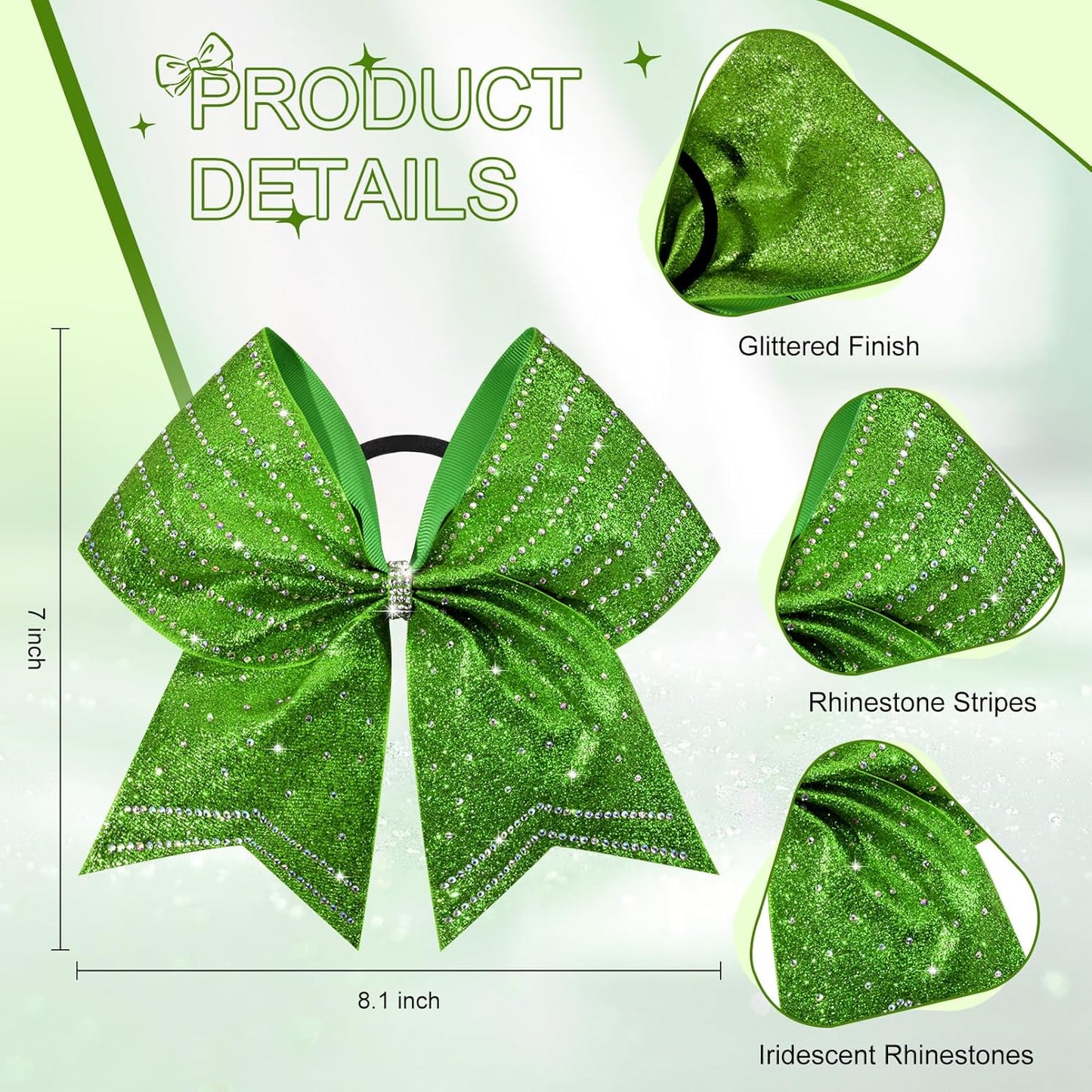 DEEKA 8PCS Green Stripes Glitter Cheer Bows - Iridescent Rhinestones | Large 8" Ponytail Holders for Cheerleaders & Sports