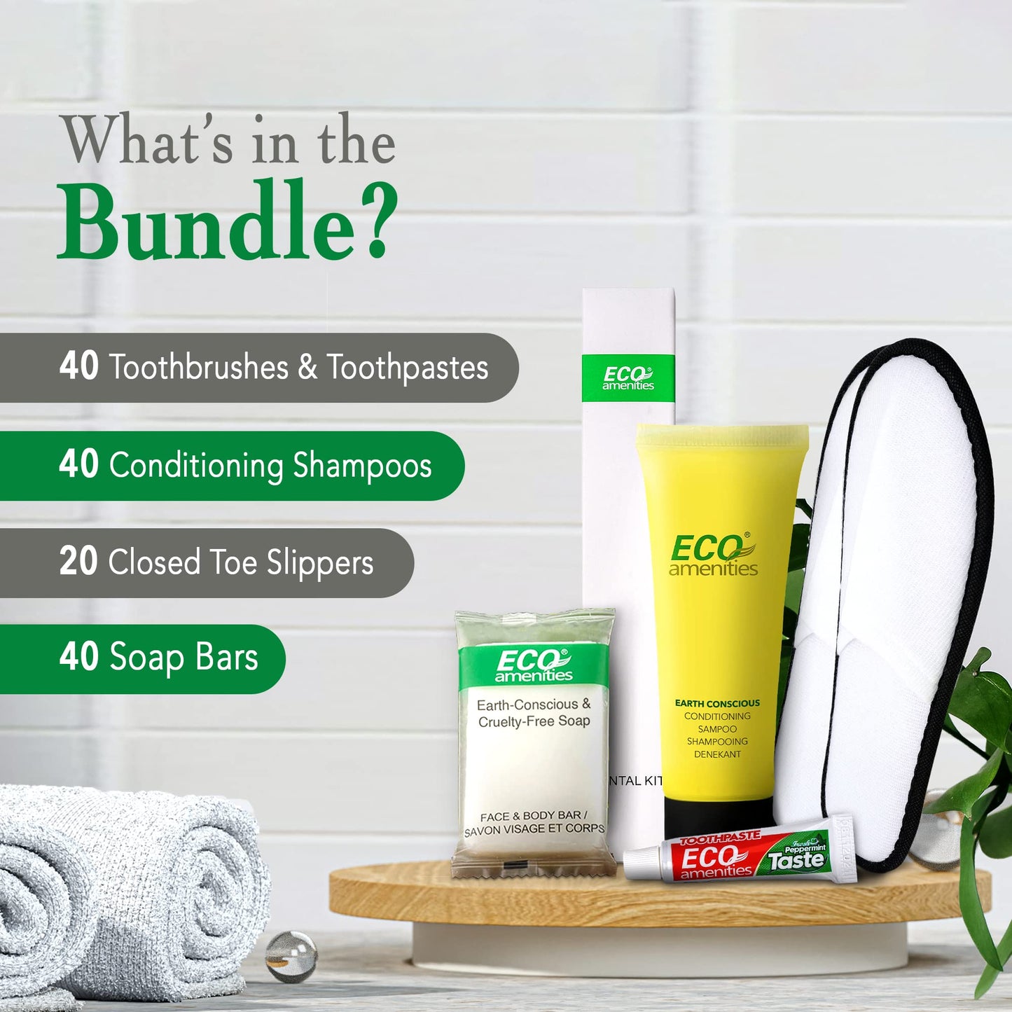 ECO amenities Bulk Hotel Toiletries Set - Travel Toothbrush Set - Cruelty-Free Shampoo & Conditioner - Bar Soap Bulk & Closed-Toe Slippers - 140 Pieces, 30ml Shampoo, 14g Soap, Green Tea