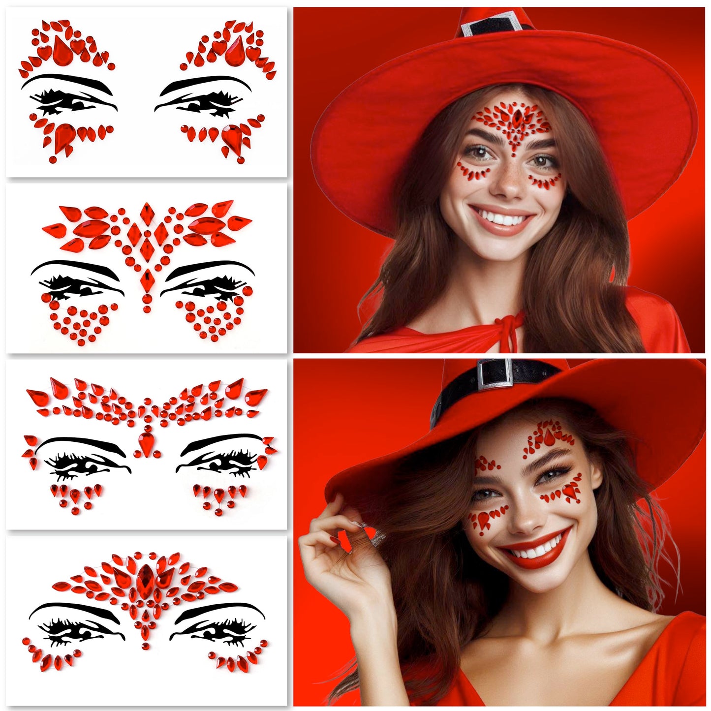 Face Gems - Self-Adhesive Jewels for Festival, Rave Party, Halloween Body Makeup - Glitter Tattoo Sticker, Rhinestone for Eyes, Face, Body (4 PCS RED)