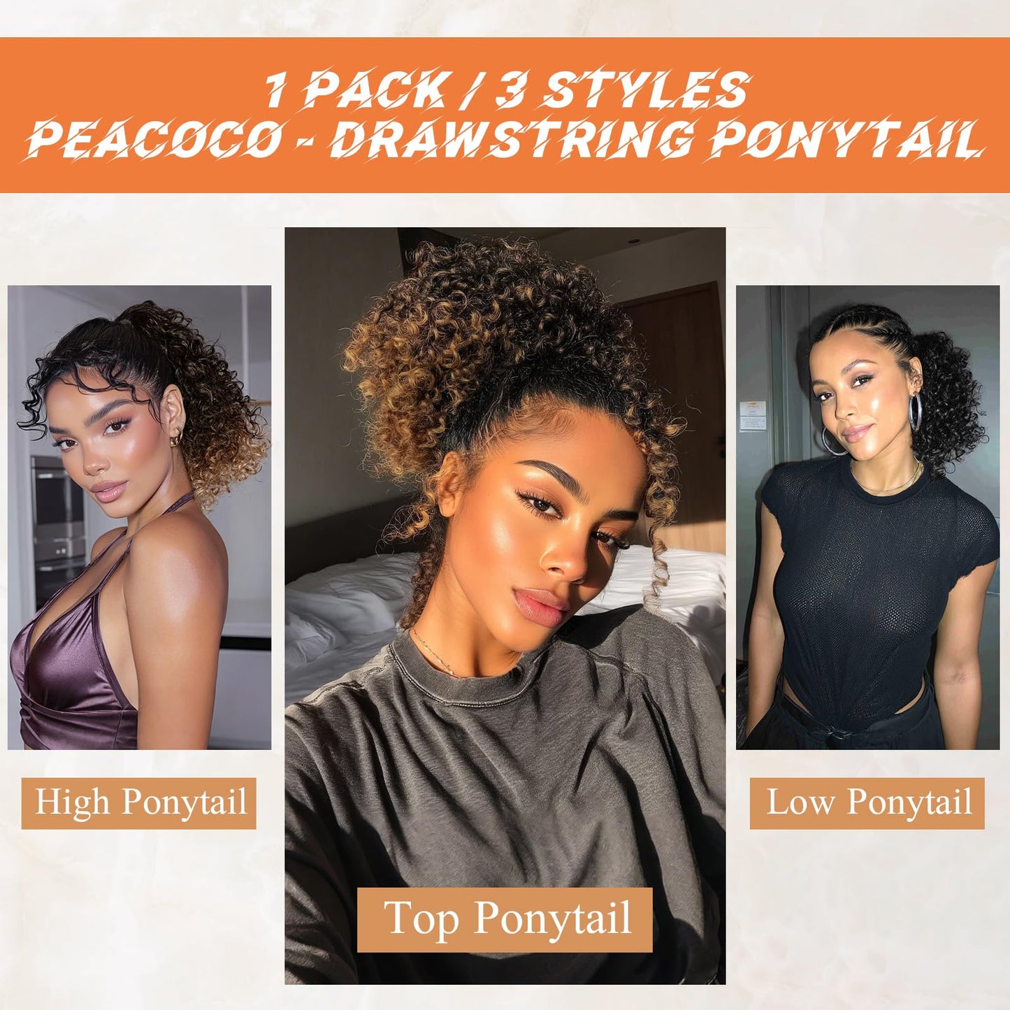PEACOCO Curly Drawstring Ponytail for Black Women, 10 Inch Kinky Curly Ponytail Extension Synthetic Short Afro Puff Ponytail Hairpieces (1B/30)