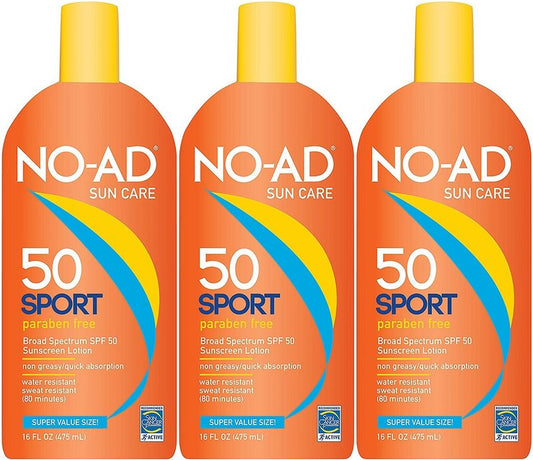 NO-AD Sport Sunscreen Lotion SPF 50 -- 16 fl oz (Pack of 3)