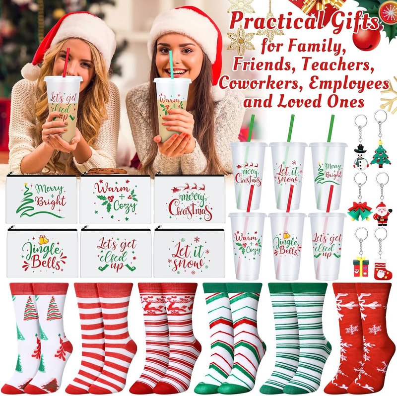 Christmas Gifts Set - 24 Oz Merry Christmas Plastic Tumblers with Lids & Straws | Makeup Bag, Crew Socks & Keychain for Holiday Parties