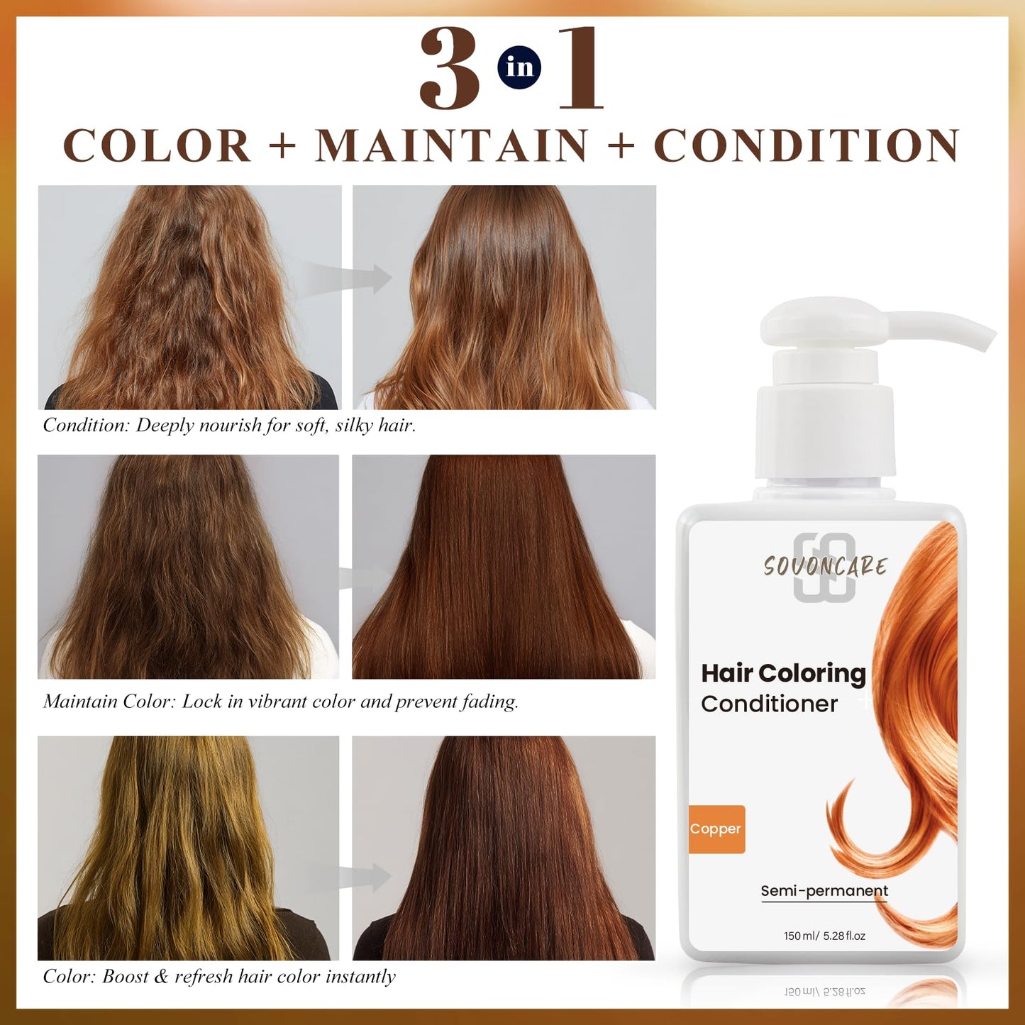 SOVONCARE Light Copper Hair Color Depositing Conditioner Mask 5.28 OZ, Cruelty-Free
