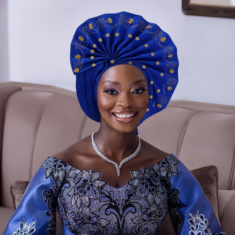 African gele head wrap for women Nigerian Headwear,auto gele Nigerian Headwear,turbans for women weddings parties event (Blue 1)