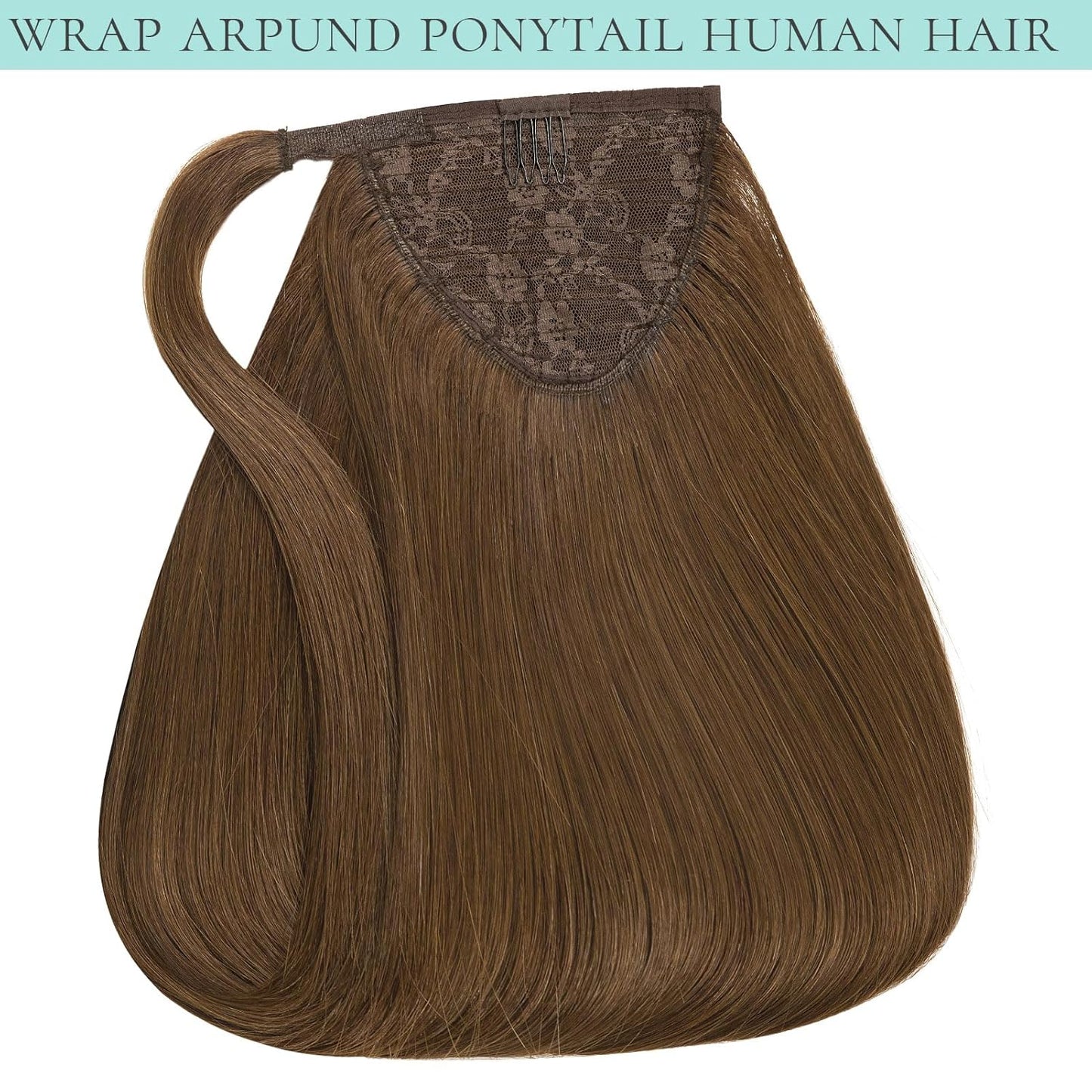 Loxxy Human Hair Ponytail Extension - Chocolate Brown Clip-In Wrap Around 16 Inch, 80g Long Straight Hair