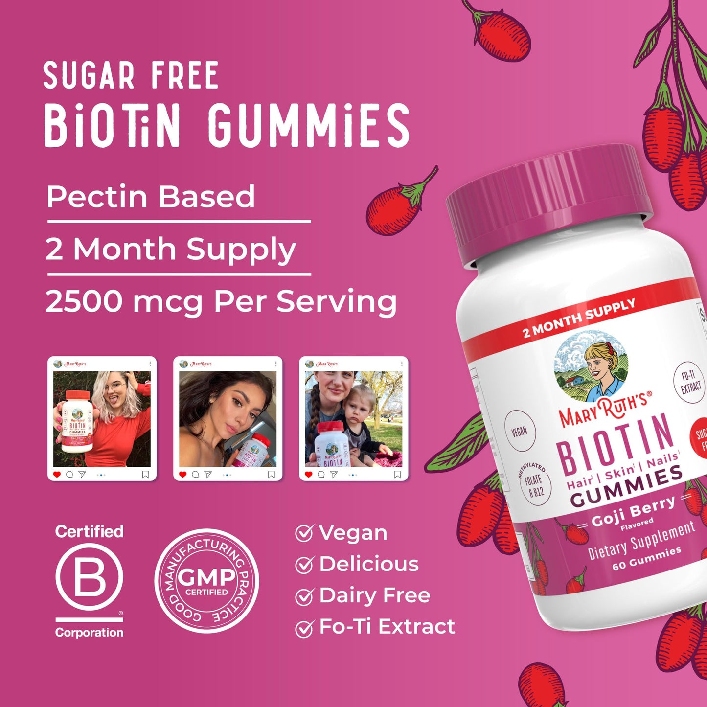 MaryRuth Organics Biotin Gummies | Sugar Free | Vegan | Non-GMO | 2,500 mcg Biotin Supplement | Hair Skin and Nails Vitamins | Hair Growth Vitamins | Hair Growth Supplement | 60 Count