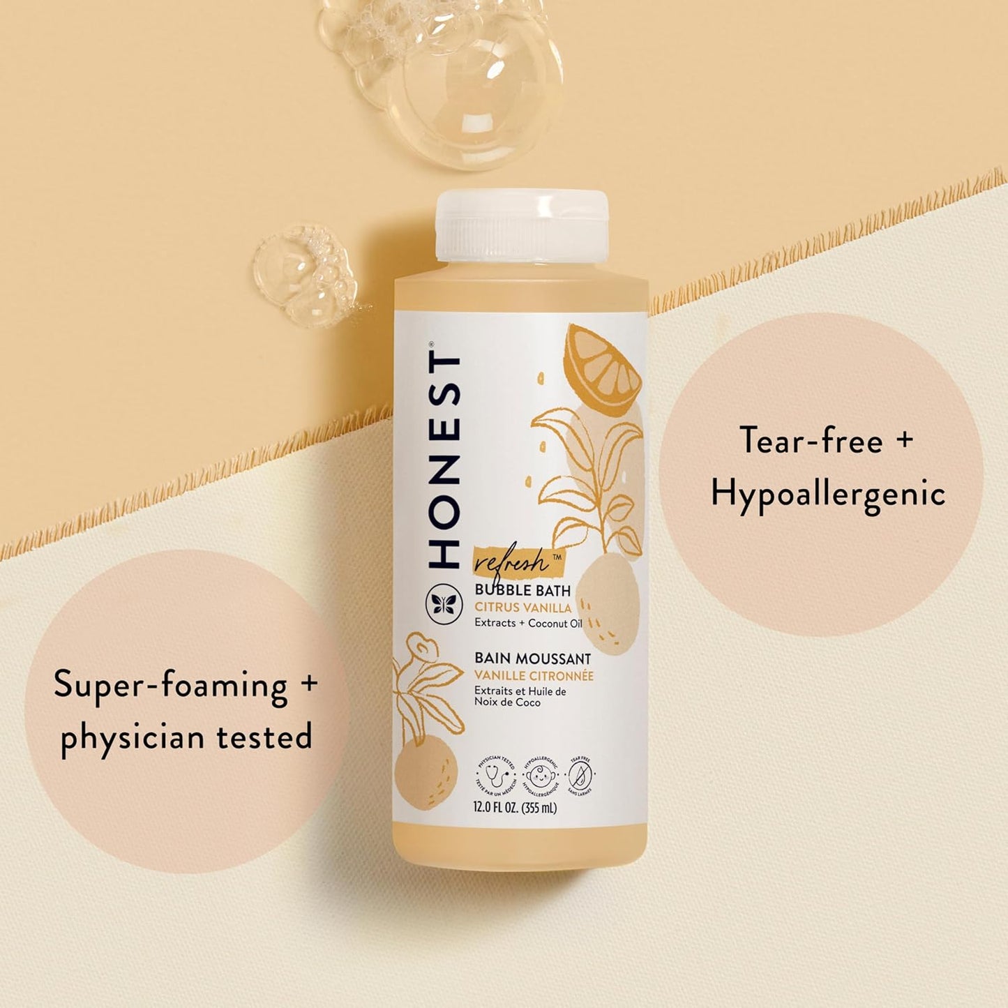 Honest Company Foaming Bubble Bath - Naturally Derived, Tear-Free, Hypoallergenic | Citrus Vanilla, 12 fl oz