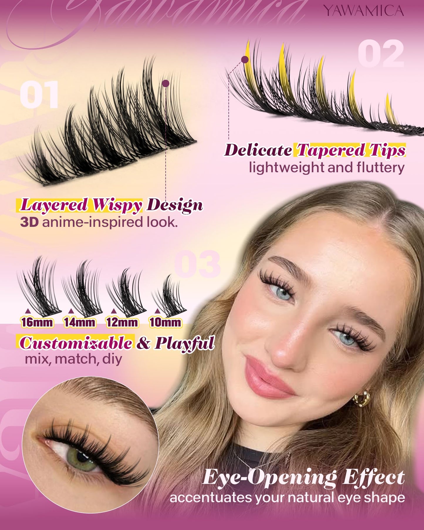 Yawamica Natural Lash Clusters Wispy Eyelash Extension 8-14mm Eyelash Clusters C Curly Individual Lashes Cluster Eyelash Extensions Waterproof DIY Lash Extension by Self