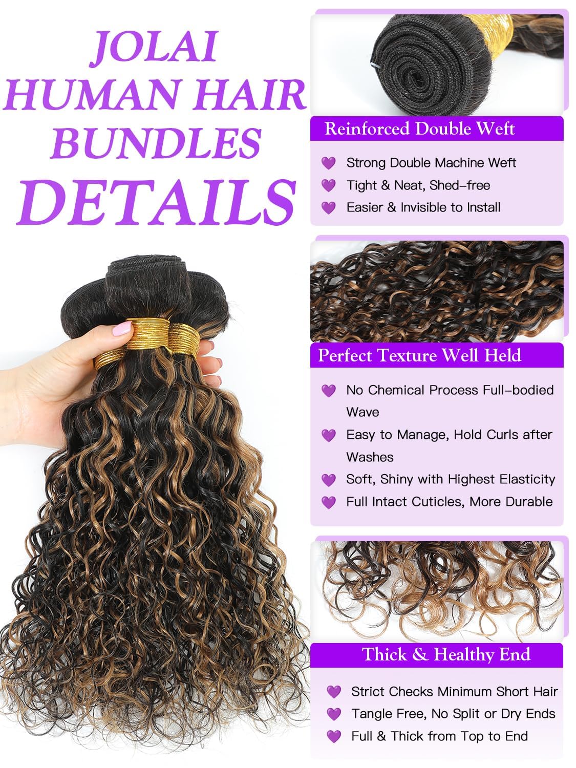 Water Wave 1B/Burgundy Red Highlight Skunk Stripe Human Hair Bundle 12 Inch