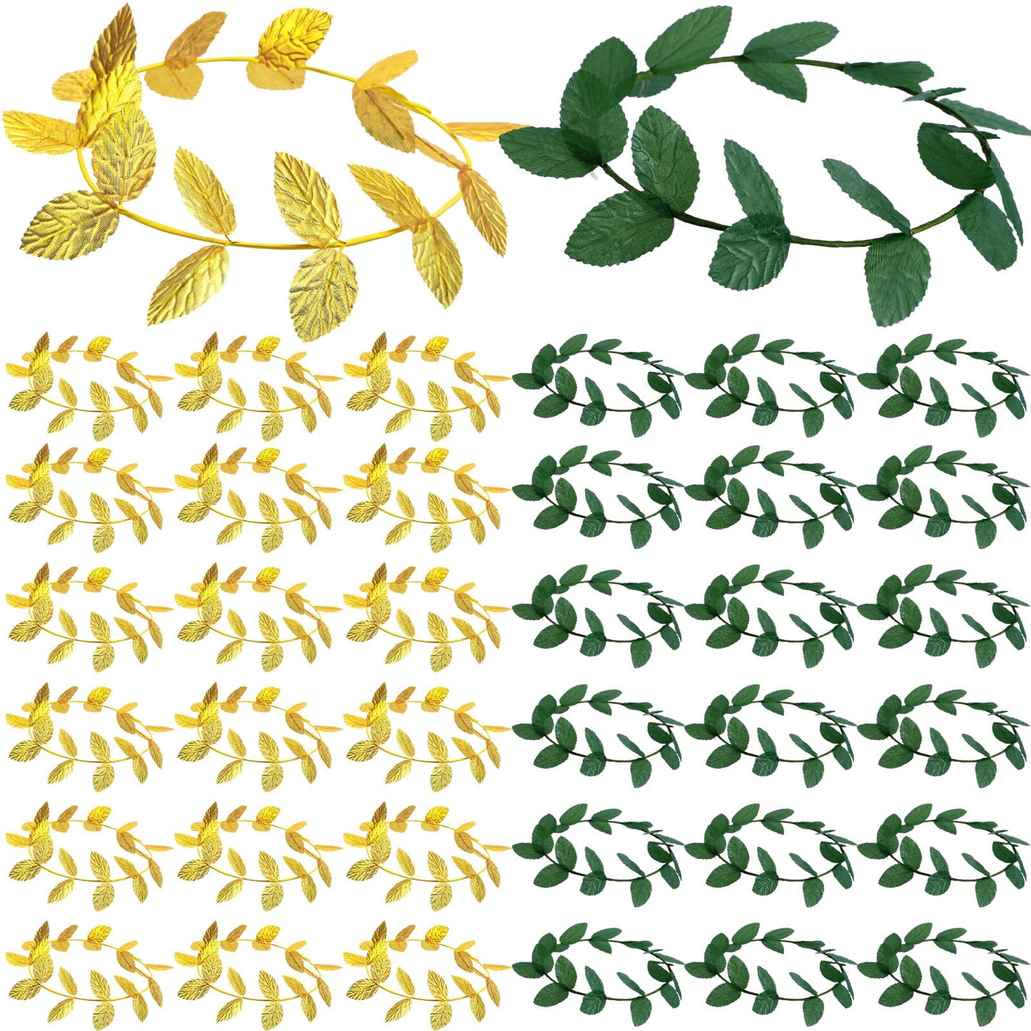 Suncalla 40 Pcs Greek Headband for Toga Party, 7.28 Inch Gold and Green Laurel Wreath Headbands, Greek Roman Goddess Headbands, Golden Leaf Crown Headpiece for Women Toga Party Decor and Photo Props