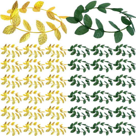 Suncalla 40 Pcs Greek Headband for Toga Party, 7.28 Inch Gold and Green Laurel Wreath Headbands, Greek Roman Goddess Headbands, Golden Leaf Crown Headpiece for Women Toga Party Decor and Photo Props