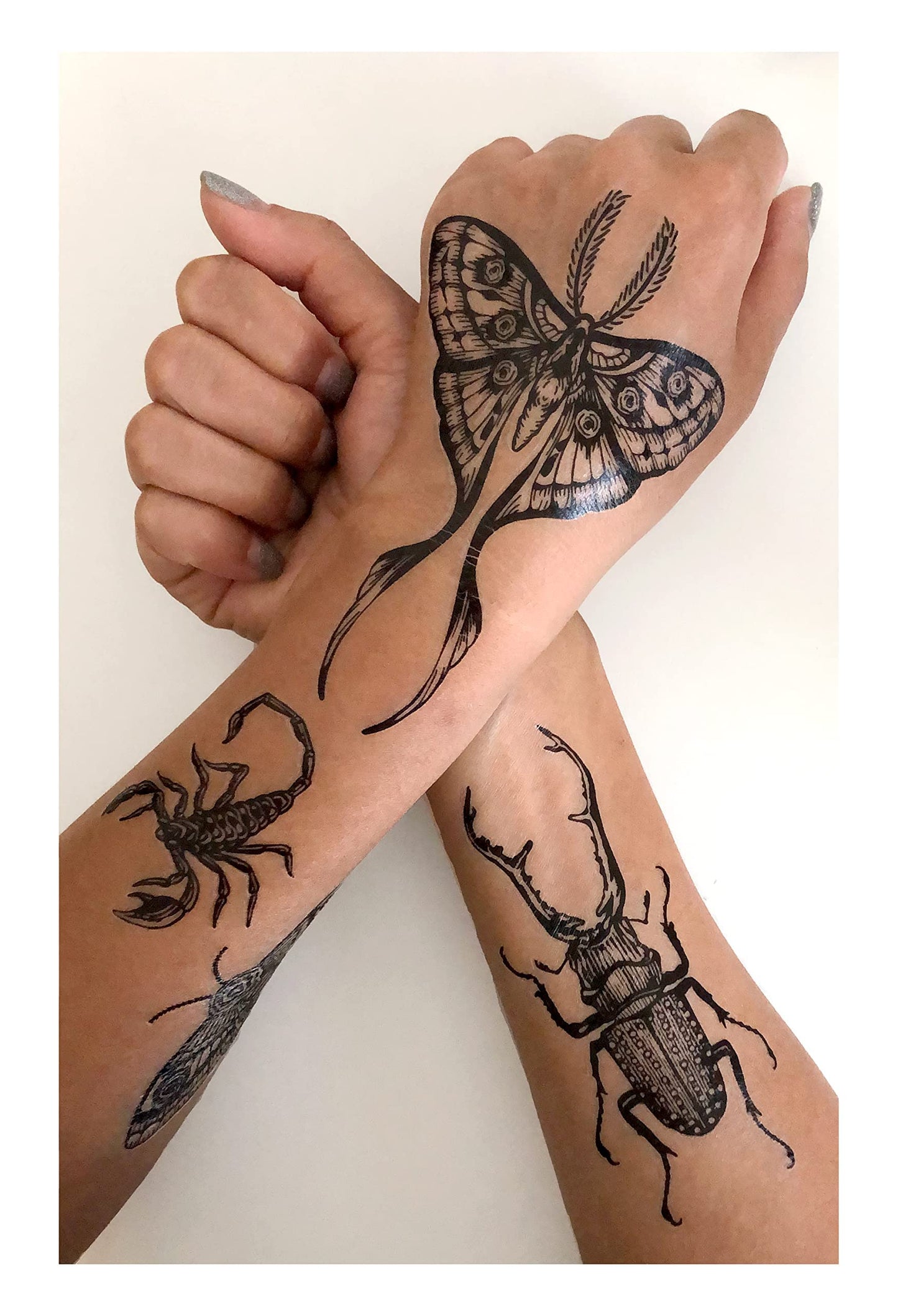 Temporary Tattoo for Adult Women - 2 Sheets - Black Big Moth Beetle Scorpion Dragonfly Bee Insect Sleeve Words Adults Tattoos