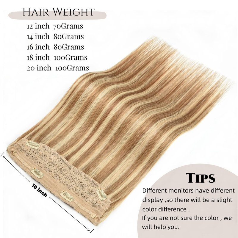 Human Hair Extensions Wire Hair Ash Brown with Blonde Straight Wire Hair Extensions Real Human Hair Hairpieces with Invisible Fish Line 14 Inch 80g for Women #8/613