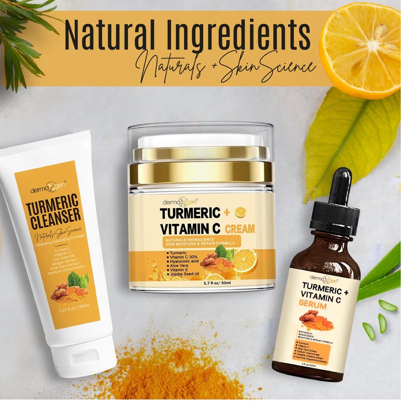 Dermaxgen Turmeric Complete Facial Care Kit - Organic Glowing Skin Anti-Aging, Rejuvenating, Boosting Collagen & Hydrating - Day & Night Brightening Skincare Gift Set