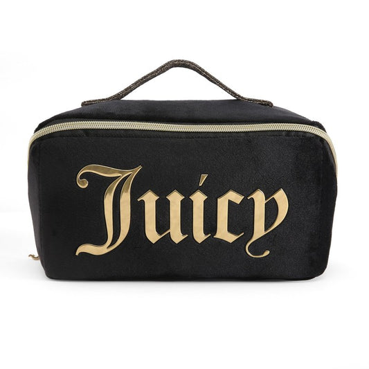 Juicy Couture Black Makeup Bag Cosmetics Organizer Travel Essentials Diagonal Loaf Velour Large Logo