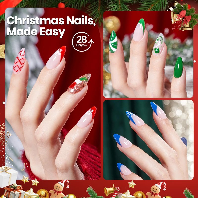 Beetles Tipex Lite Apex Christmas Gift Nail Tips Kit –Almond Medium 16Sizes, 6 Pcs Red Sparkle Green Glitter Gold Silver Dark Red Gel Polish Kits, UV Solid Glue, Base & Top Coat, 3 Nail Art Brushes