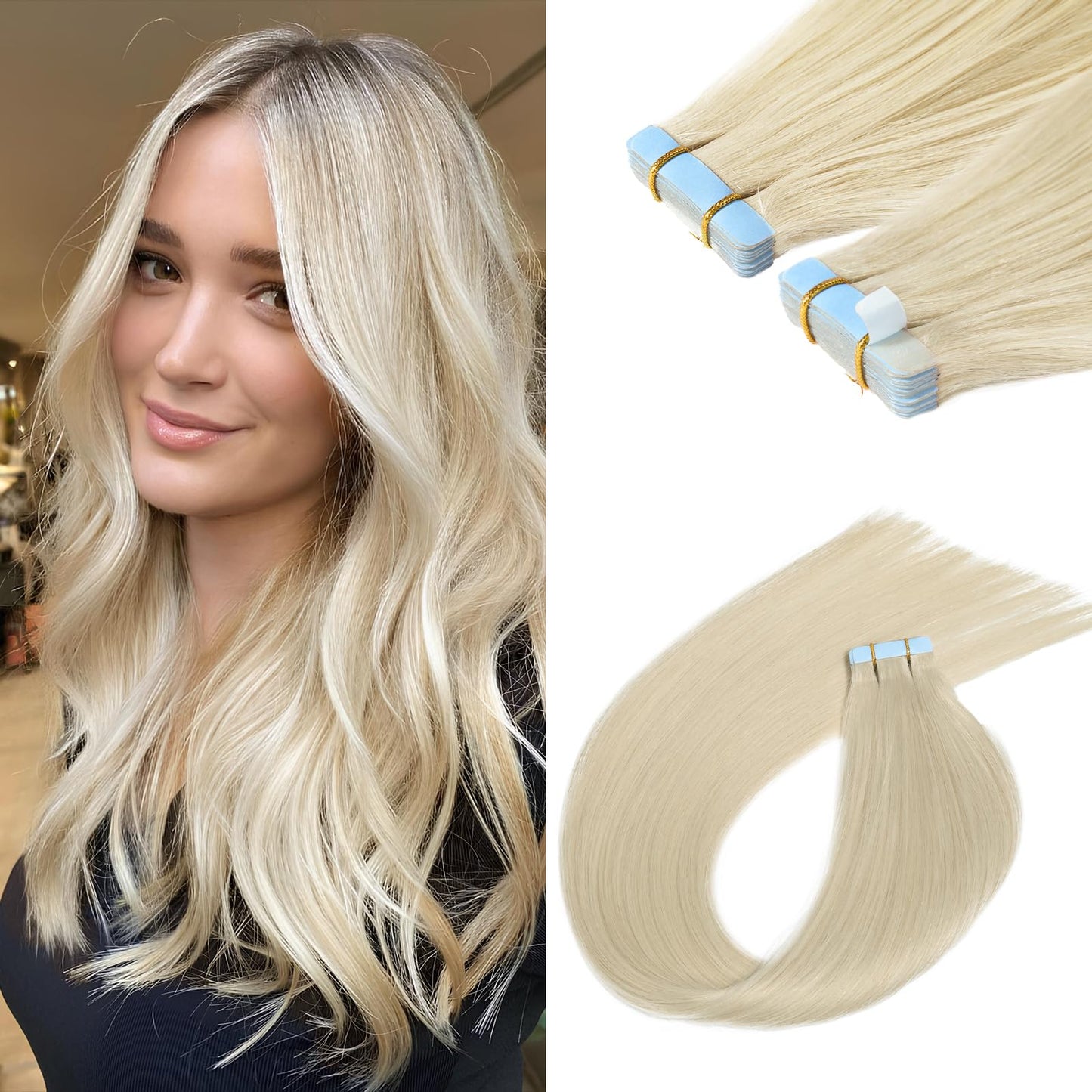 Sunfly Hair Extensions Tape ins 22 Inch 50g Platinum Blonde Human Hair Extensions Invisible Rooted Tape in Real Hair 20pcs #60