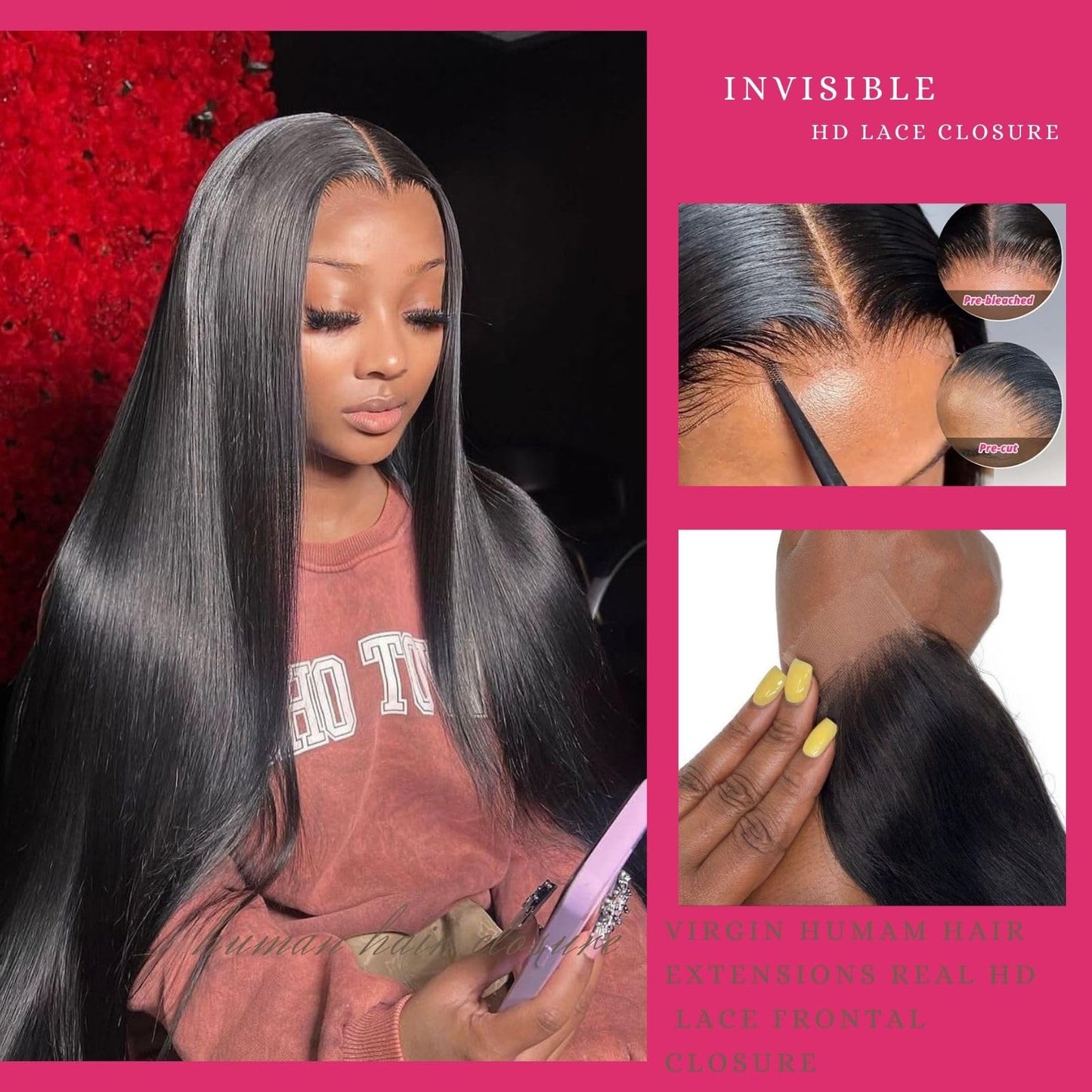 2x6 Frontal Hd Lace Closure Human Hair Middle part Invisible Skinlike Hd Lace, Bleached Knot Pre-Plucked 2 by 6 Lace Frontal Closure, 16 Inch Straight Human Hair Closure With Baby Hair Natural black