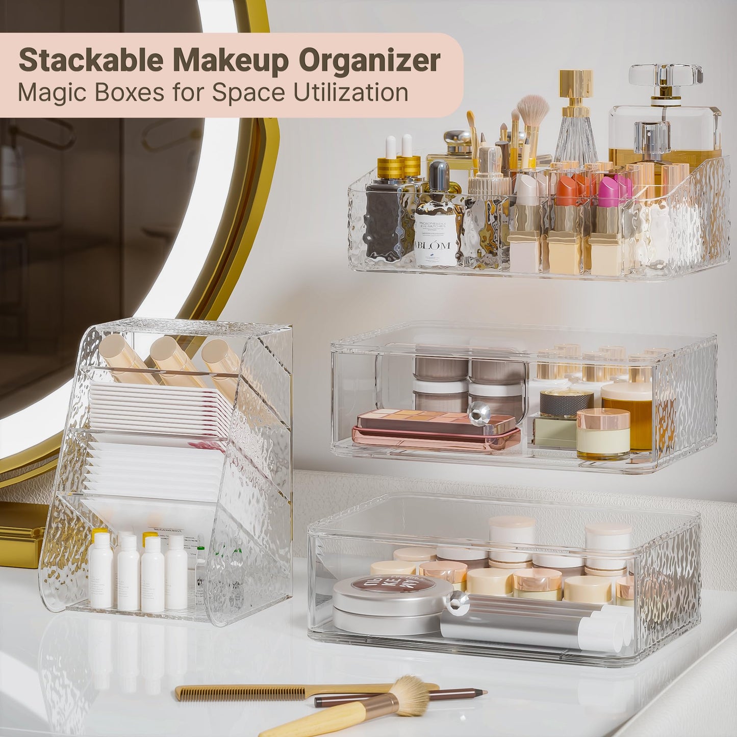 Henyol Makeup Organizer with Brush Holder Plastic Makeup Drawers For Vanity Clear Stackable Storage Case Makeup Organizer For Skincare, Brushes, Lipstick, Nail Polishes, Perfumes, Eyeshadow Palettes