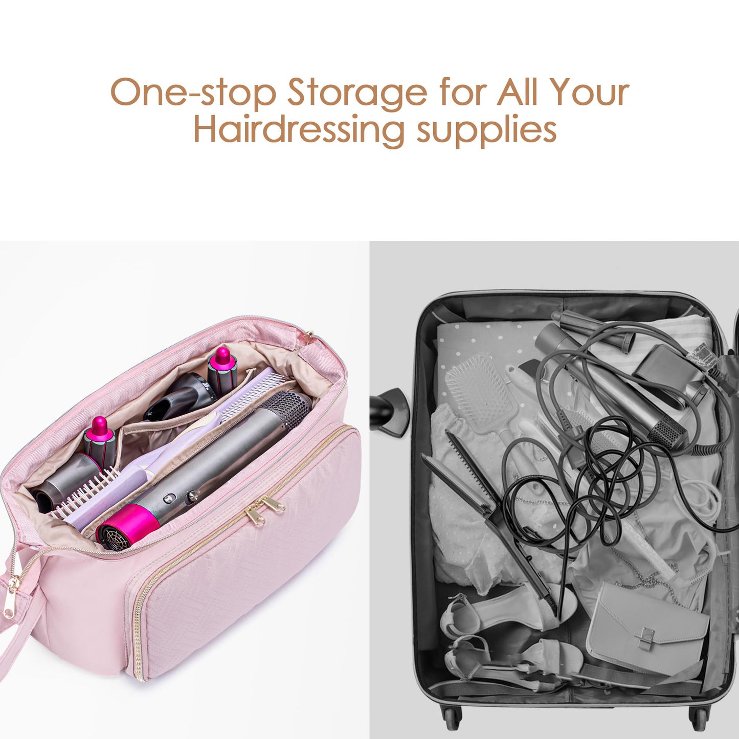 Fasrom Hair Tools Travel Bag with Heat Resistant Mat for Flat Iron, Curling Iron and Hair Straightener, 2 in 1 Hair Dryer Travel Case to Organize Hair Styling Tools, Pink (Patent Design)