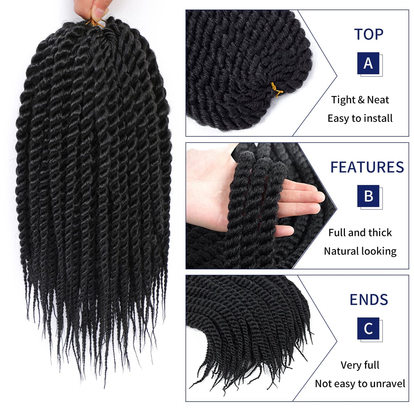 Admutty Havana Twist Crochet Hair, Jumbo Senegalese Twist Pre-Looped Synthetic Braiding Hair for Women, Soft & Lightweight Pre-Twisted Crochet Braids