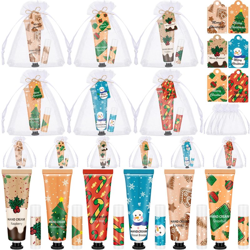 Loopeer 36 Sets/144 Pcs Christmas Hand Cream and Lip Balm Gift Set for Women Bulk Mini Hand Lotion Travel Size for Dry Skin Stocking Stuffers with Greeting Card Organza Bags for Coworker Employee