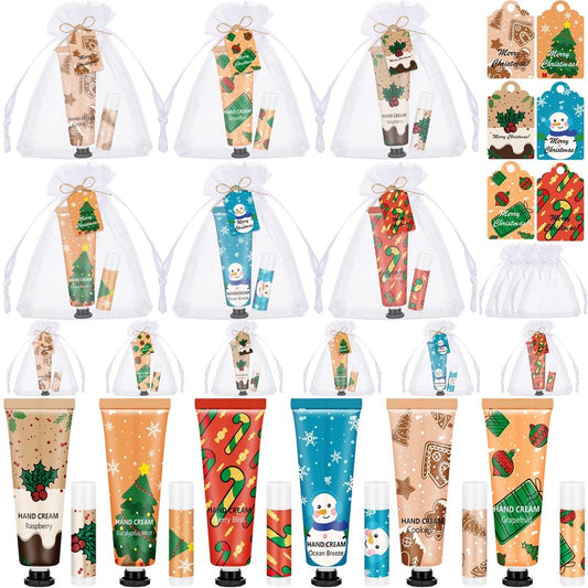 Loopeer 36 Sets/144 Pcs Christmas Hand Cream and Lip Balm Gift Set for Women Bulk Mini Hand Lotion Travel Size for Dry Skin Stocking Stuffers with Greeting Card Organza Bags for Coworker Employee