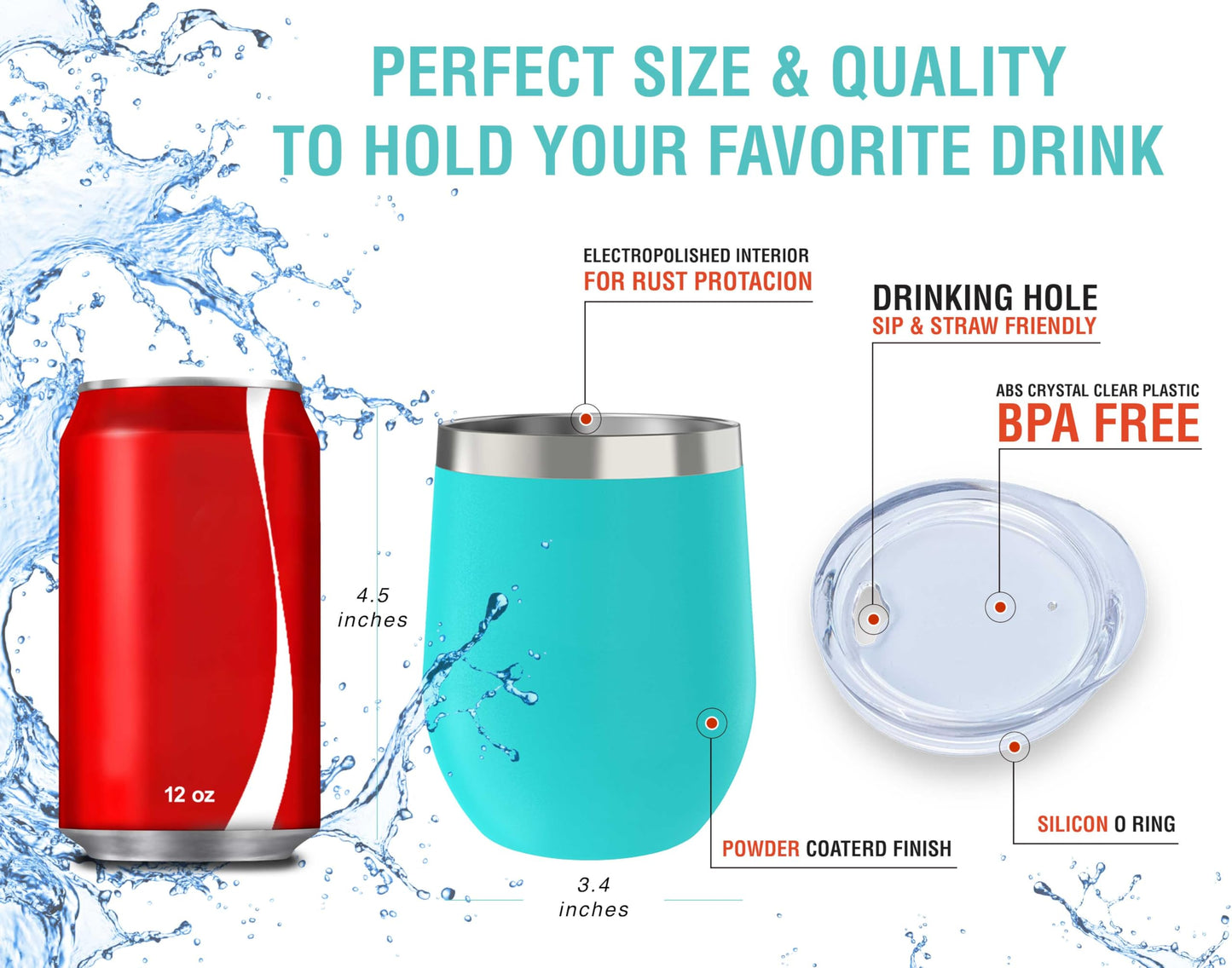 CHILLOUT LIFE 12 oz Stainless Steel Wine Tumbler with Lid - Double Wall Vacuum Insulated Wine Cup Glass Keeping Cold & Hot for Coffee, Champagne, Cocktails, Ice Cream - Powder Coated Aqua Blue