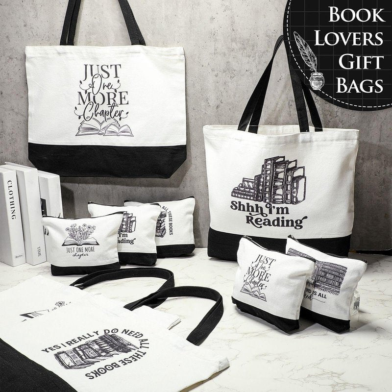 Locmeo 12 Pcs Book Lovers Gifts Book Club Tote Bag Reading Quote Makeup Reusable Cosmetic Bag with Metal Zipper Bookish Librarian Appreciation Gifts for Women Bookworm Teacher Student
