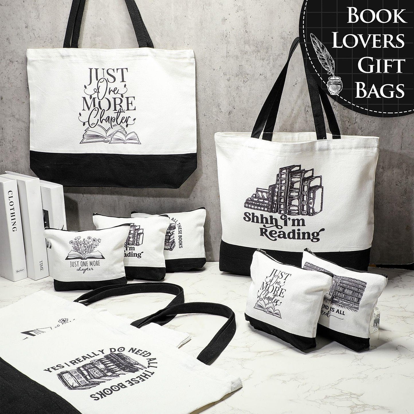 Locmeo 12 Pcs Book Lovers Gifts Book Club Tote Bag Reading Quote Makeup Reusable Cosmetic Bag with Metal Zipper Bookish Librarian Appreciation Gifts for Women Bookworm Teacher Student