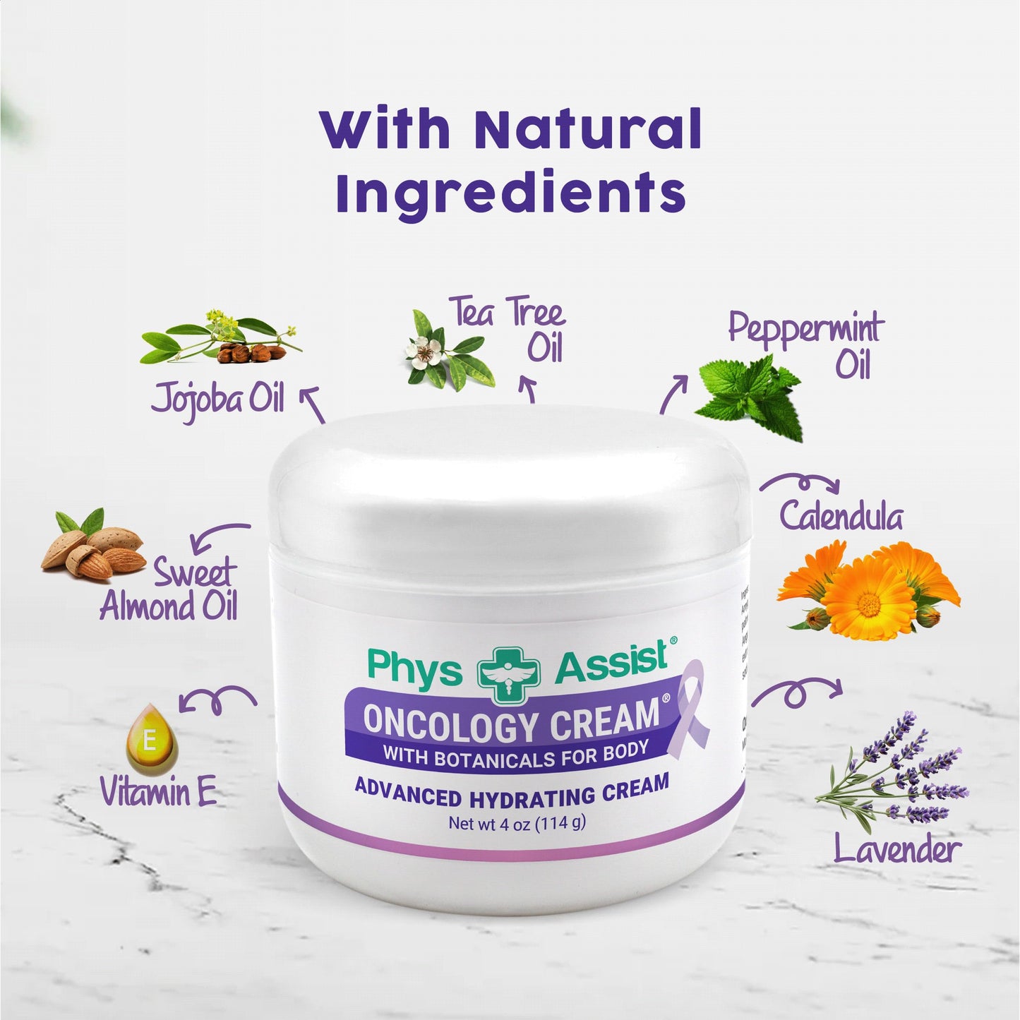 PhysAssist - Oncology Body Cream with Botanicals, 4 oz. Soothing and Hydrating to Stressed Skin. Made with Oils of Lavender, Calendula, and Peppermint. Non-Irritant, Clinically Tested.