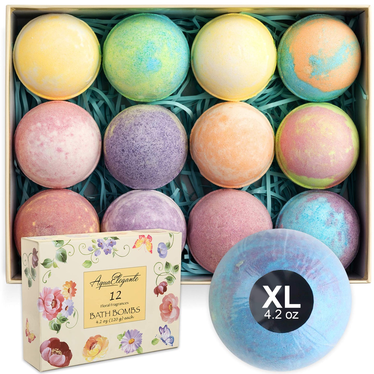 Aqua Elegante Flower Bath Bombs Gift Set - 12 Large Bathbombs for Women with Scented Essential Oils and Moisturizing Shea Butter, No Stain, Natural, Vegan Spa Present for Mom, Wife, Girlfriend