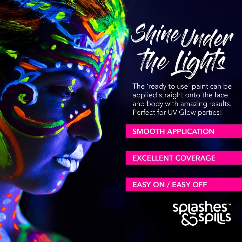 UV Face and Body Paint 10ml - 6 Pack - Neon Glow in the Dark Body Paint for Adults - Non Toxic, Vivid UV Reactive Makeup for Blacklight Parties & Events, Moisturizing Formula, by Splashes & Spills