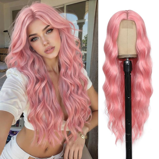 Angzon Light Pink Wig 26 Inch Long Wavy Wig for Women - Heat Resistant Synthetic Hair Middle Part Curly Wig Natural Look for Daily Party Cosplay Costume Use