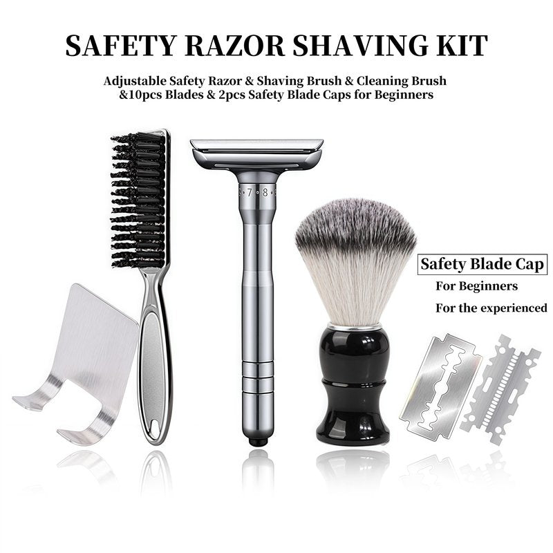 Adjustable Double Edge Safety Razor Shaving Kit for Men & Women - Shaving Brush, 10 Relacement Blades, Cleaning Brush & Razor Holder, Gift for Him, Boyfriend, Dad, Husband