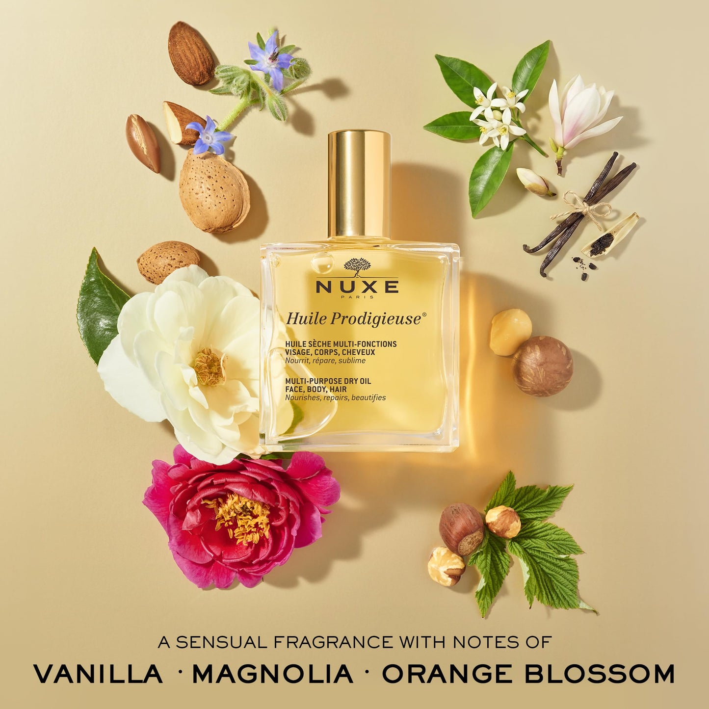 NUXE Huile Prodigieuse Multi-Purpose Dry Oil with 7 Botanical Oils for Radiant Glow and Hydration for Face, Body & Hair, 3.3 Fl Oz