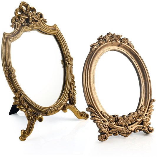 Threehoney 2 Pcs Small Gold Vintage Mirror Antique Vanity Makeup Desk Mirror Traditional Arch Tabletop Mirrors with Stand Baroque Decorative Wall Art for Living Room Bedroom Dresser Decor
