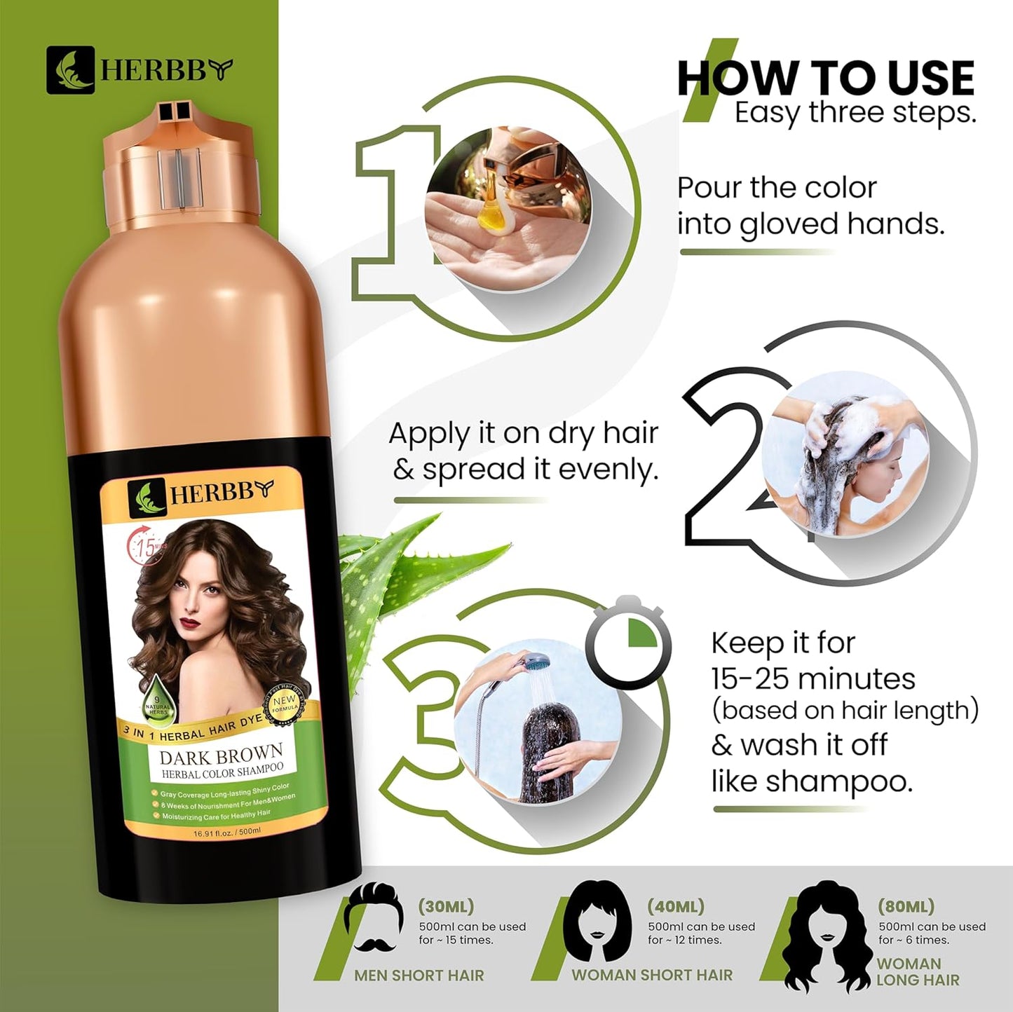 Hair Color Shampoo for Gray Hair Coverage | 9 Herbal Extracts, Long-Lasting Dark Brown Dye, 500ml