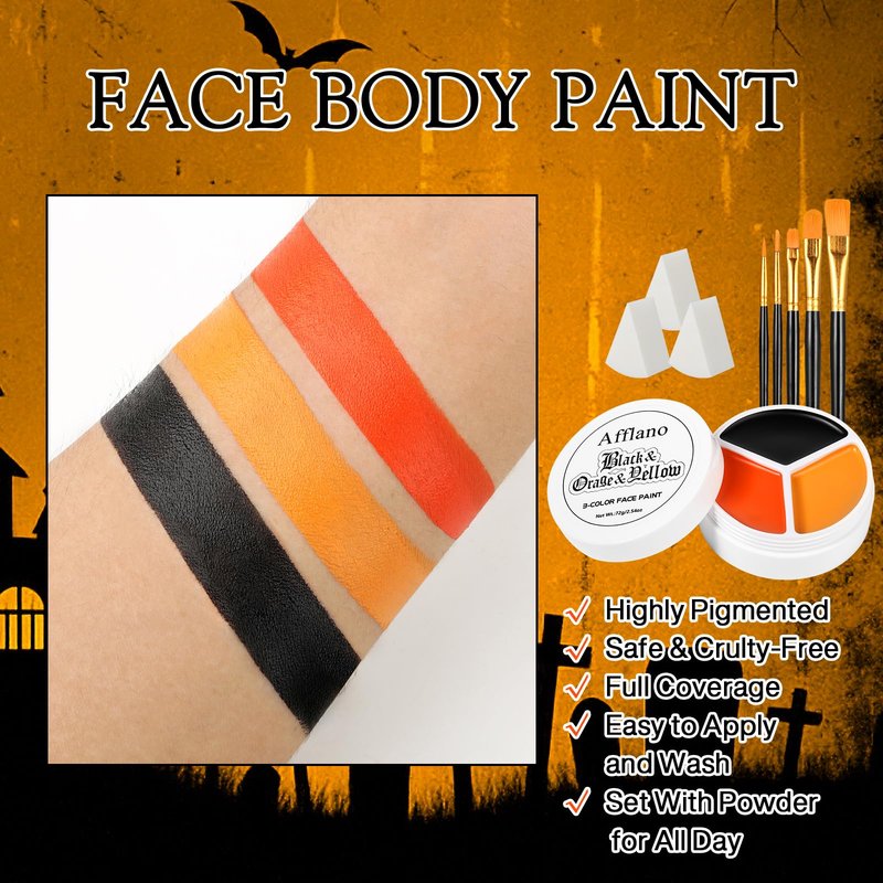 Black Yellow Orange Face Body Paint Kit, Pumpkin Halloween Makeup Cream Bodypaint with Brushes & Sponge Applicators , Facepaint Set for Scarecrow Clown Tiger Lion Fox Costume Cosplay SFX Looks