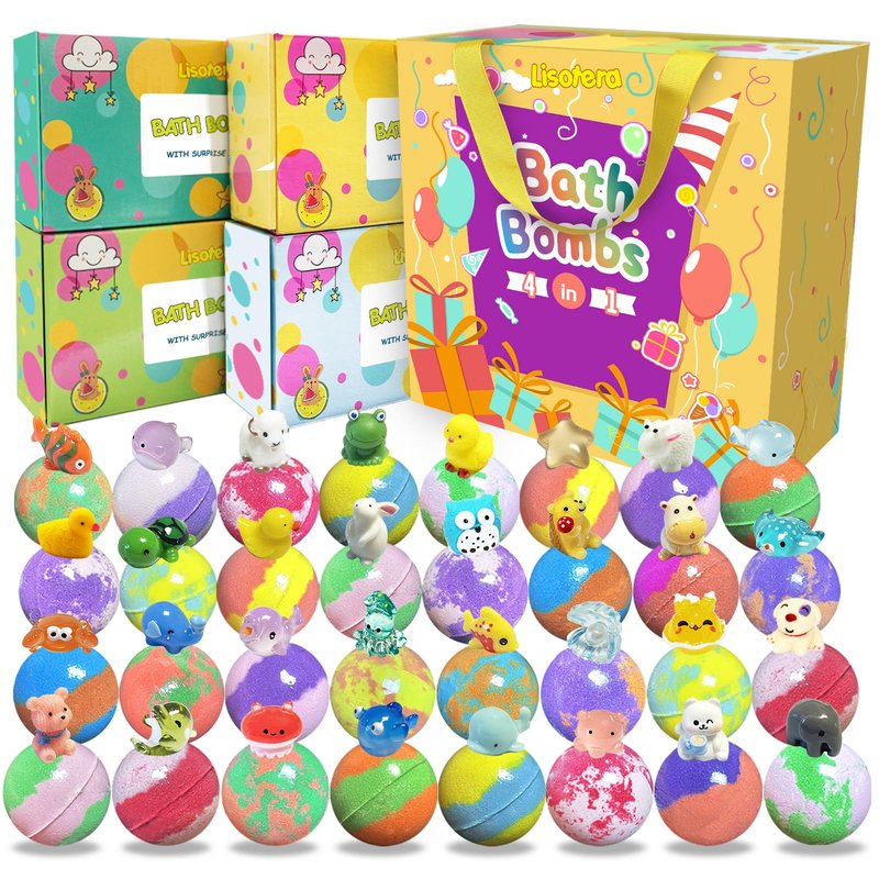 Bath Bombs for Kids with Surprise Inside, 32 Pack Kids Bath Bombs with Land & Sea Animal Toys, Girls Boys Easter Gifts, Handmade Fizzy Bubble Children Bath Ball Gift Easter Basket Stuffers, Birthday
