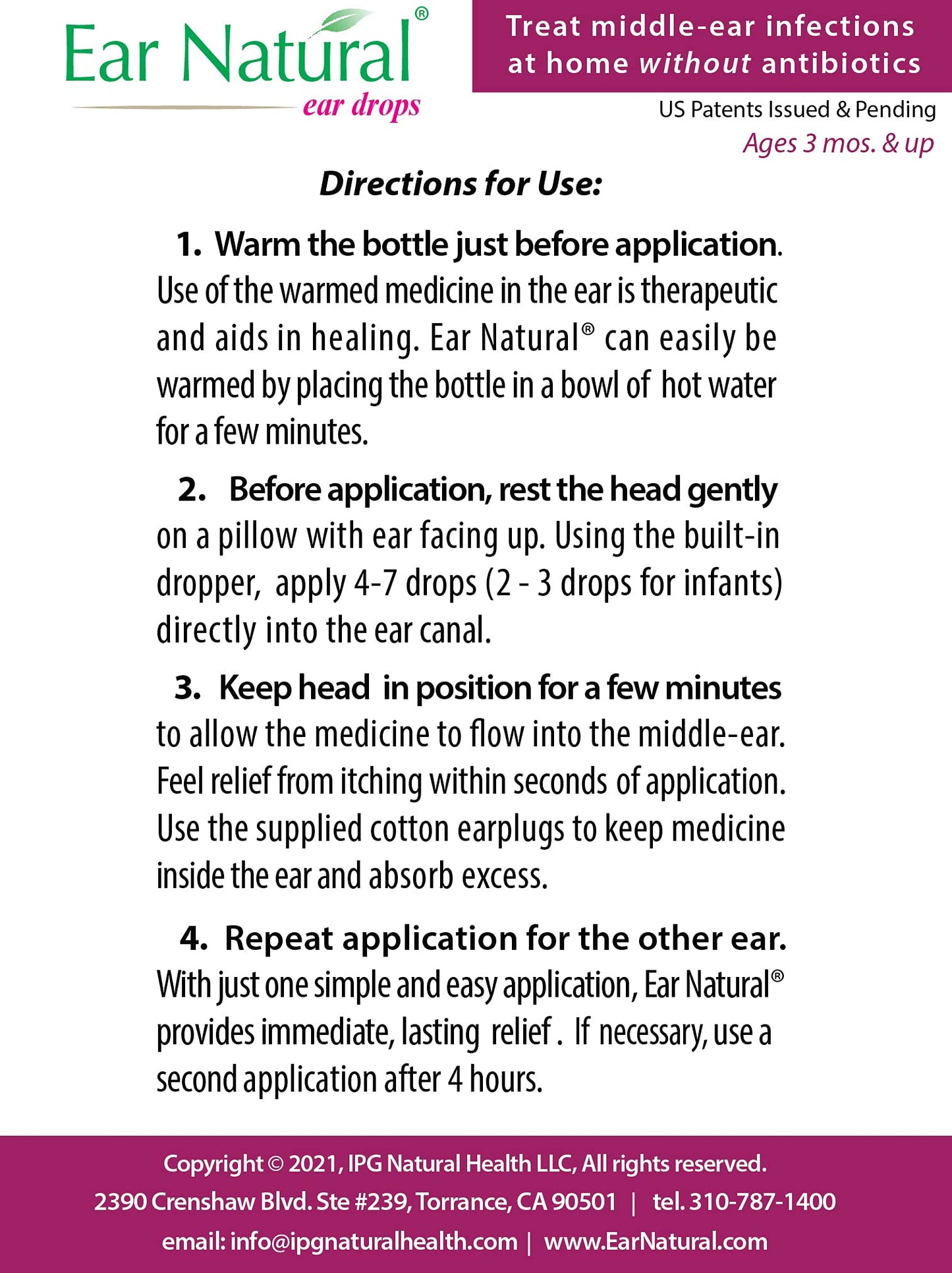 EarNatural® – Treatment for Middle-Ear Infections, Earache, Itching – Relief in Less Than a Minute - in a Single Treatment – 100% Natural Ingredients, Made in USA – US Patents Issued & Pending