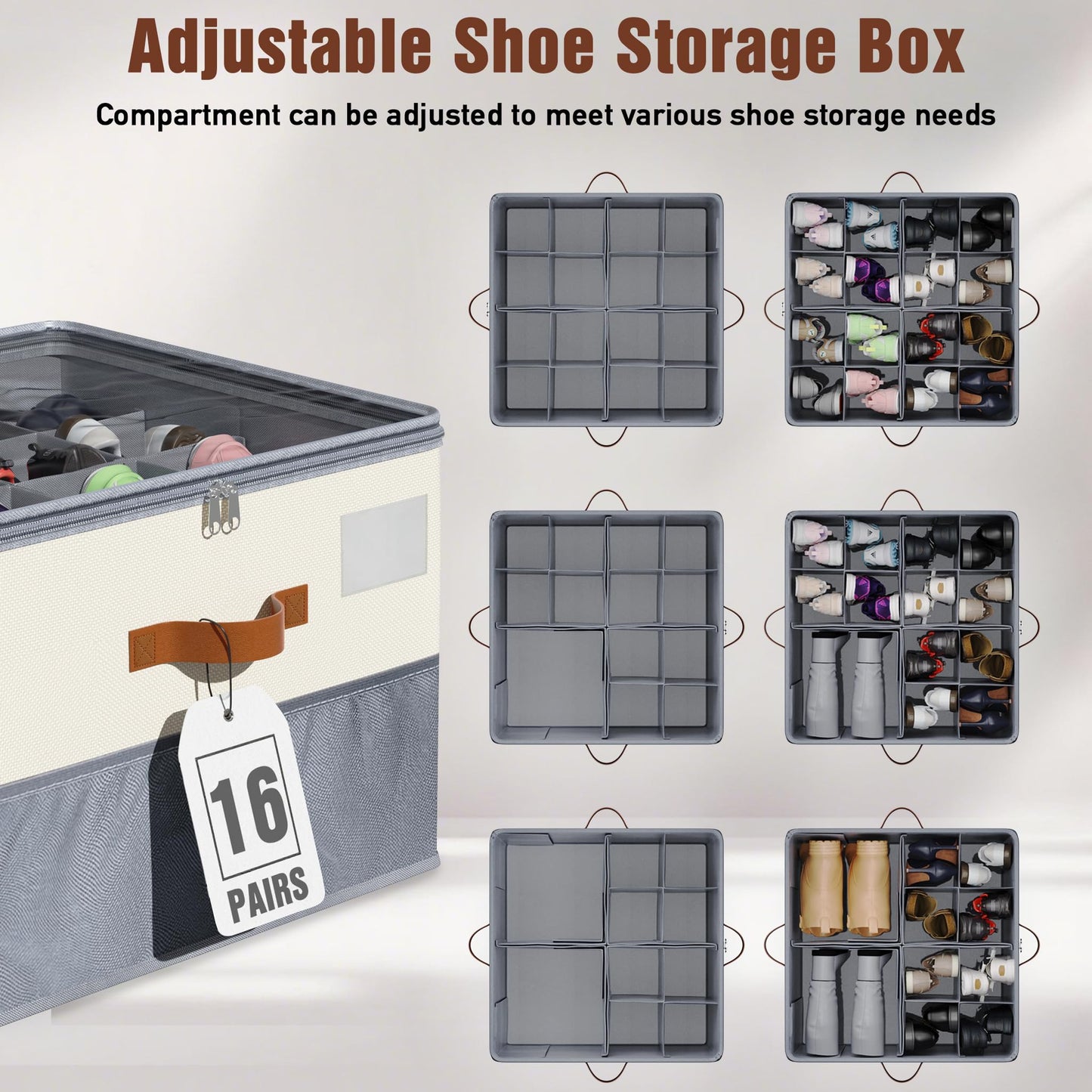 KETYWHA Shoe Organizer for Closet, XXL 1 Pack Foldable Shoe Storage Containers with Clear Cover, Shoe Box Organizers Bins with Adjustable Dividers 4Handles,Shoe Storage Fits 12-24 Pairs-Beige & Grey