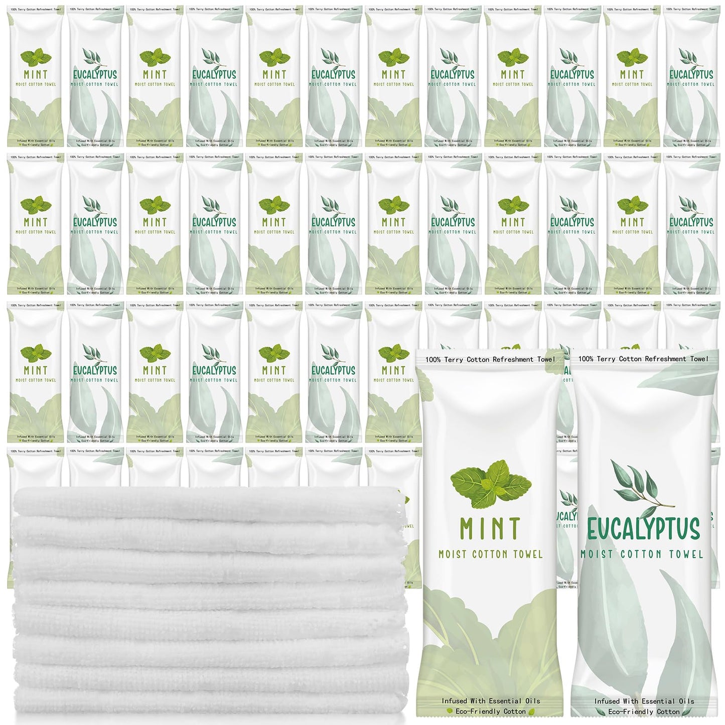 Timgle 50 Pcs Moist Towelettes Individually Wrapped Scented Disposable Face Towels Essential Oil Infused Moist Terry Cotton Towel for Use Hot or Cold Travel Body Spa(Mint, Eucalyptus Leaves)