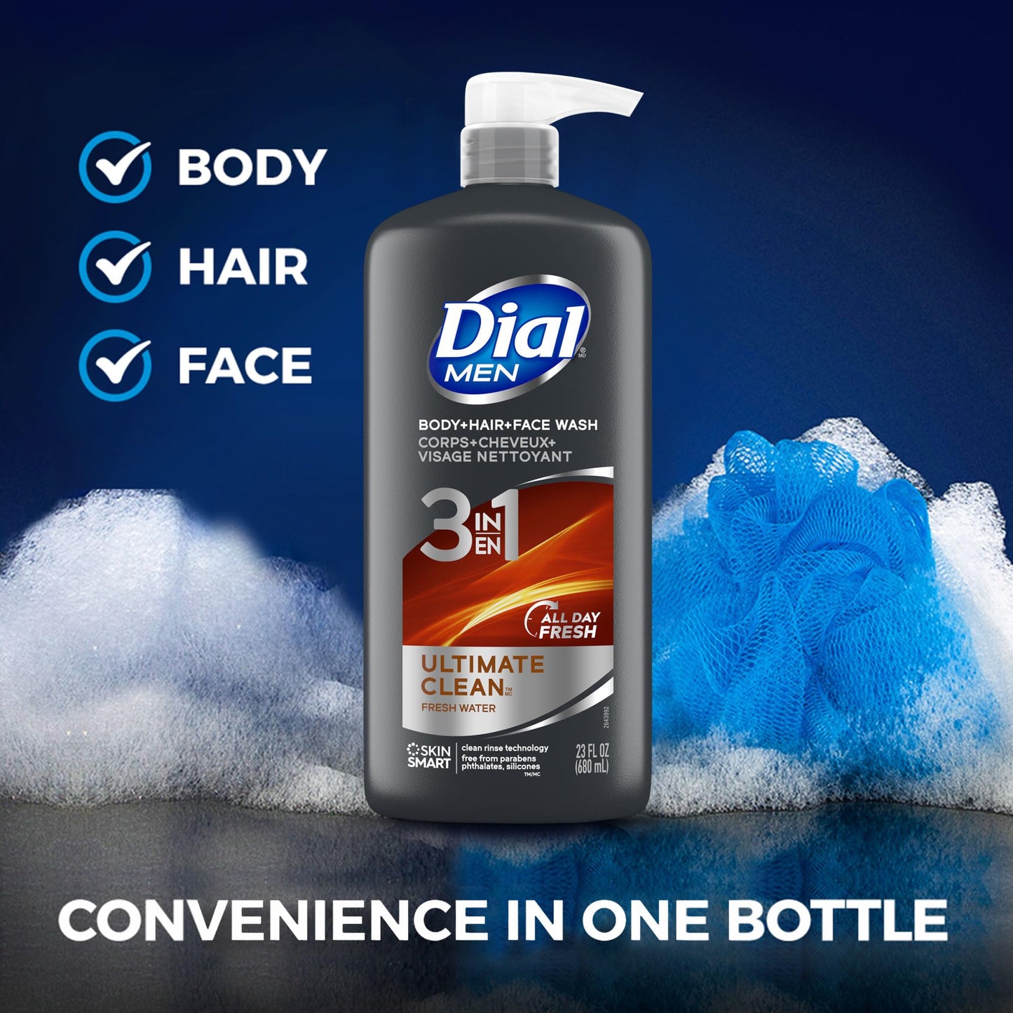 Dial Men 3 in 1 Body, Hair and Face Wash, Refresh, 16 Fl Oz, Pack of 3, Cleanses Deep + Gentle on Skin with Clean Rinse Technology