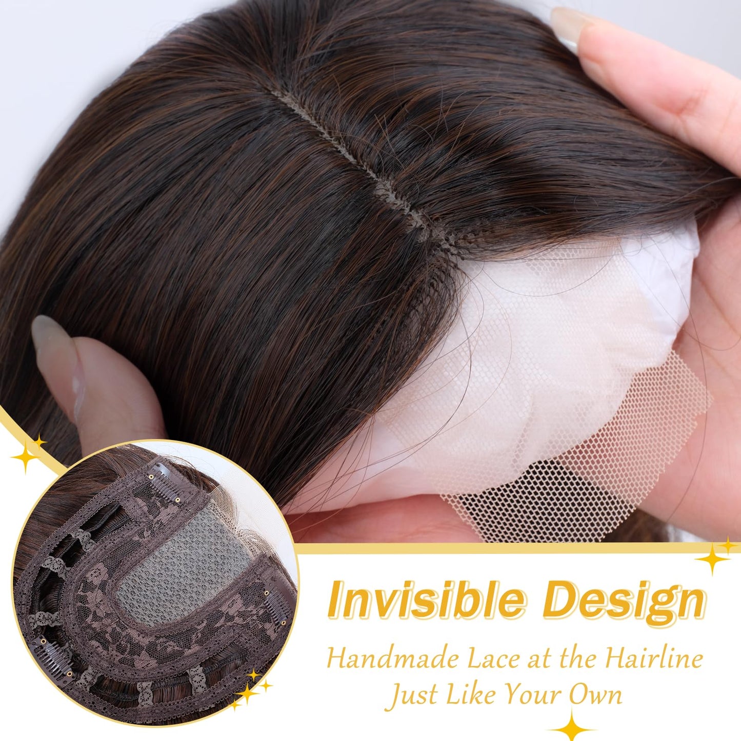 TYQ Hair Toppers for Women with Thinning Hair,14 Inch 360° 3D Synthetic Curly Wavy Side Part Clip in Bangs(Dark Brown Mixed Chestnut)